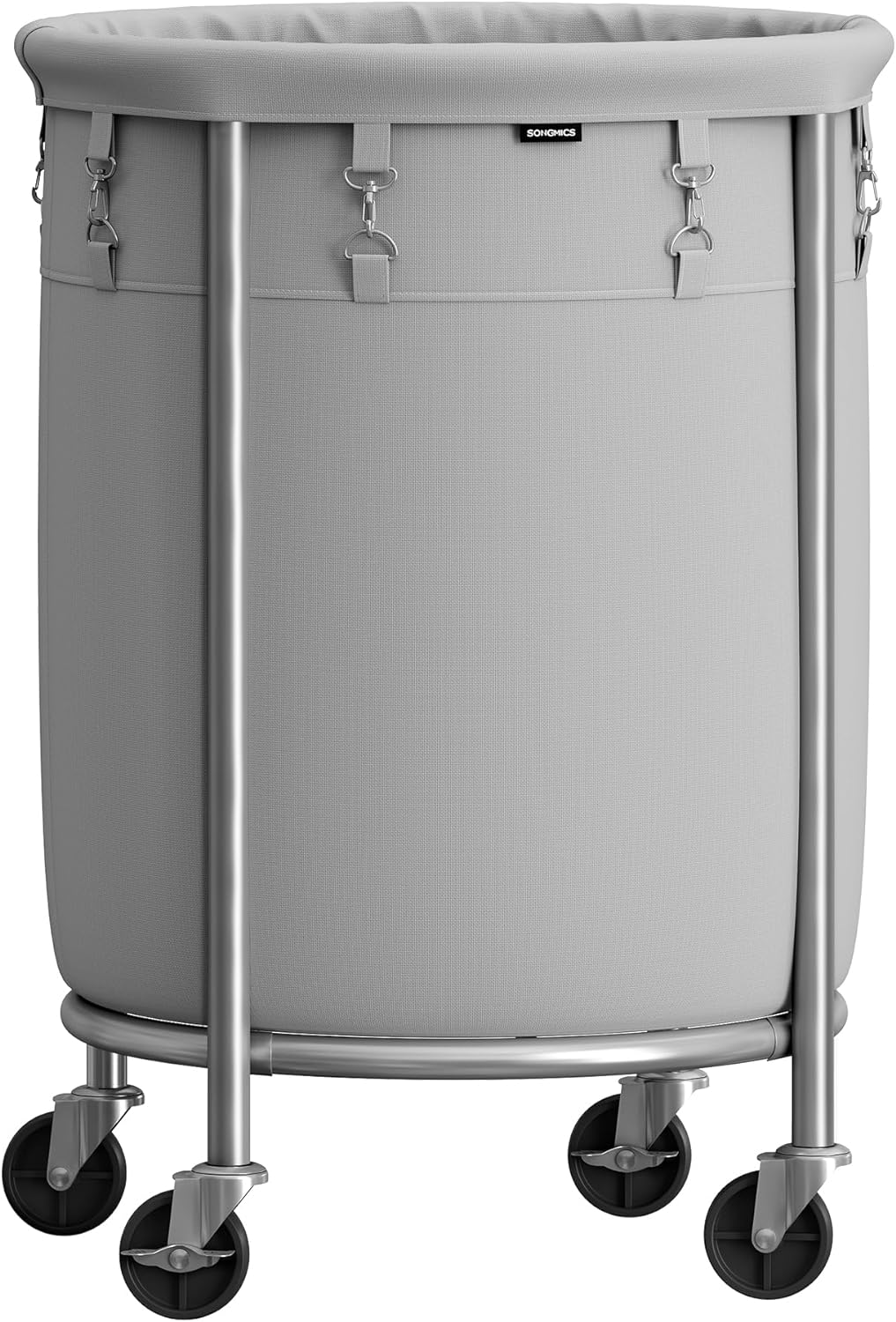 SONGMICS Laundry Basket with Wheels, Rolling Laundry Hamper, 29 Gal., Round Laundry Cart with Steel Frame and Removable Bag, 4 Casters and 2 Brakes, Gray and Silver URLS002G01