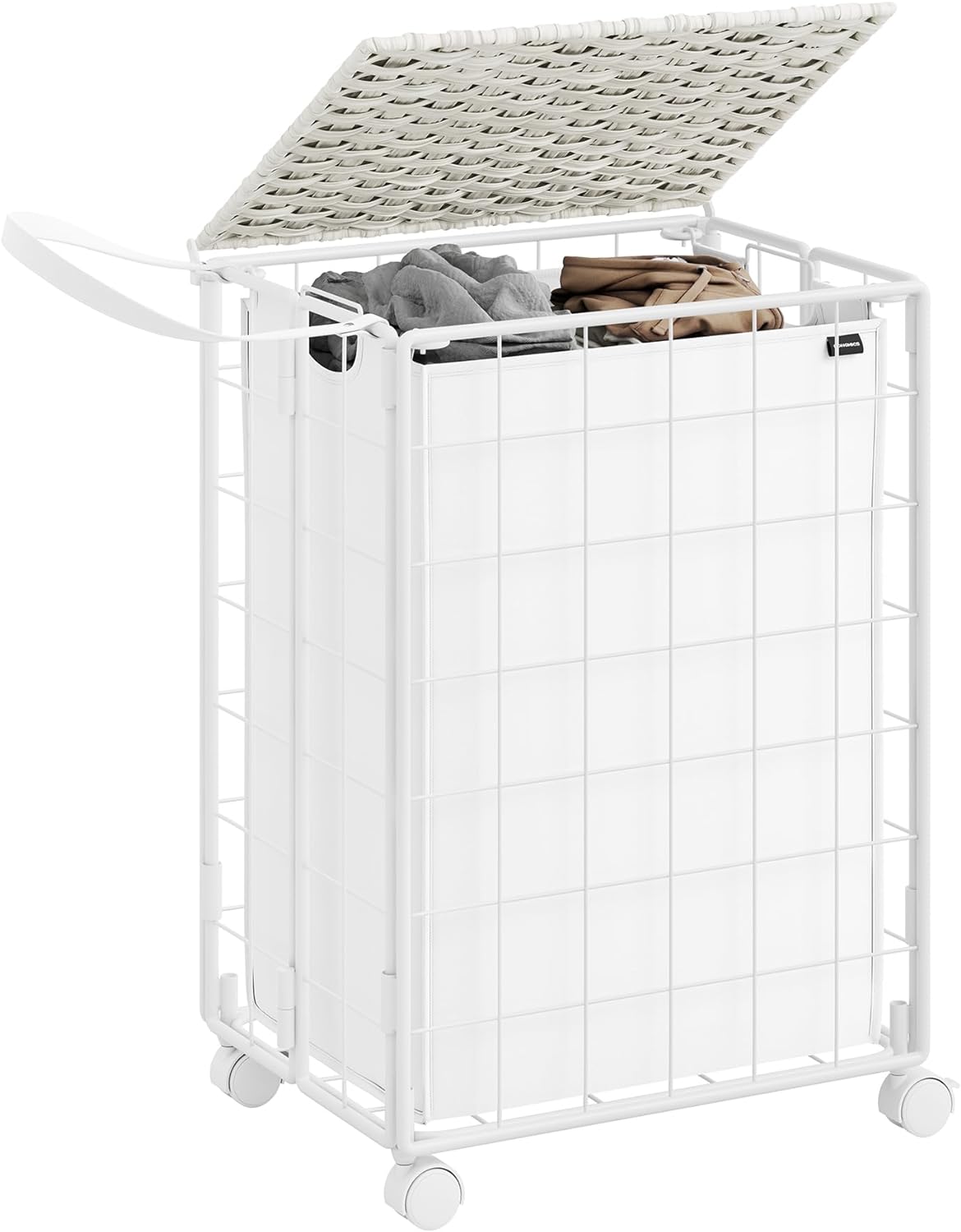 SONGMICS Laundry Hamper, 90L Laundry Basket with Wheels, Clothes Hamper with Ratten Lid, Collapsible Removable Liner Bag, Iron-Made Laundry Sorter, Cloud White ULCB290W01