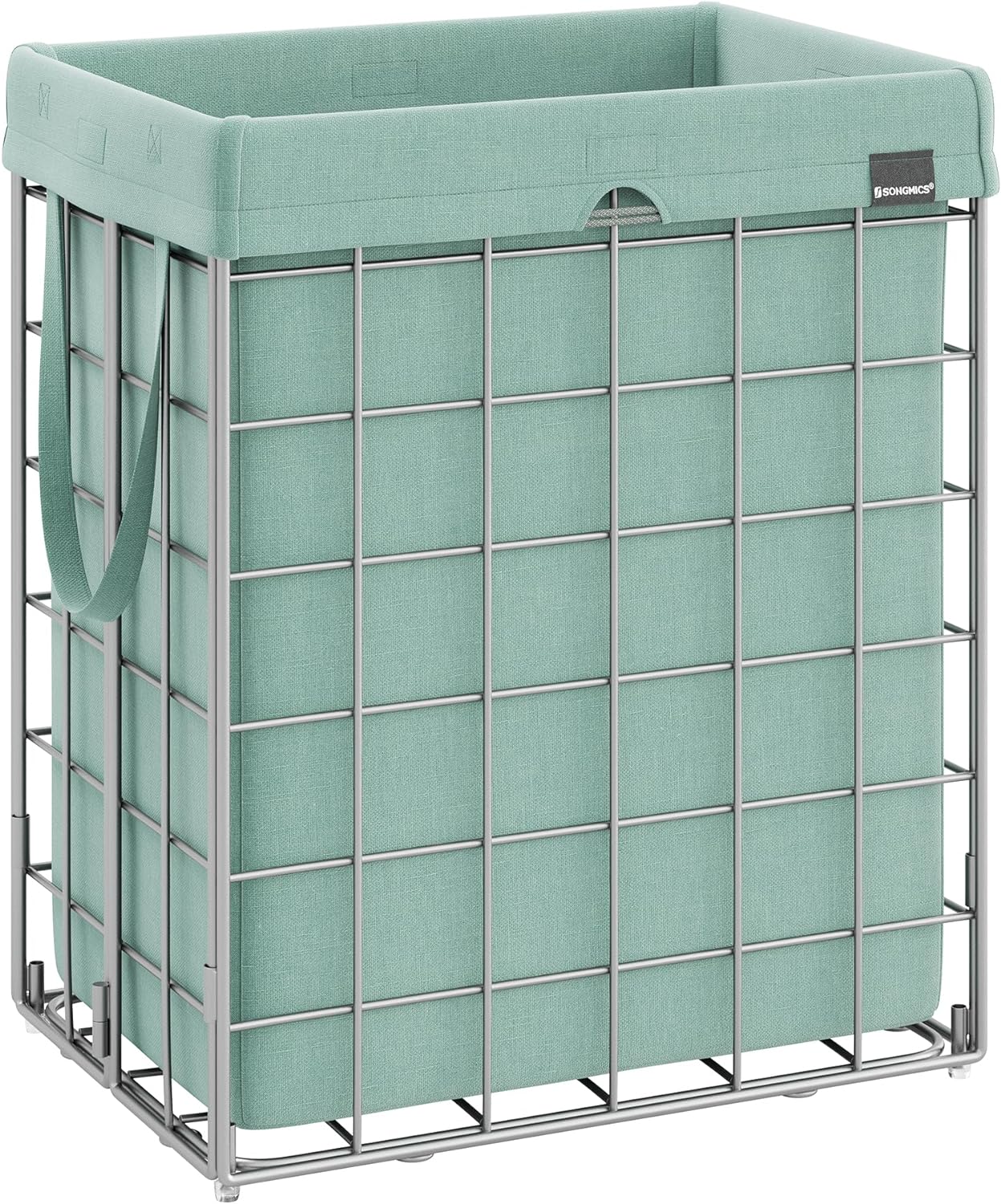 SONGMICS Laundry Hamper, 23.8 Gal (90L) Laundry Basket, Collapsible Clothes Hamper, Removable and Washable Liner, Metal Wire Frame, for Bedroom Bathroom, Silver and Mint Green ULCB190C01