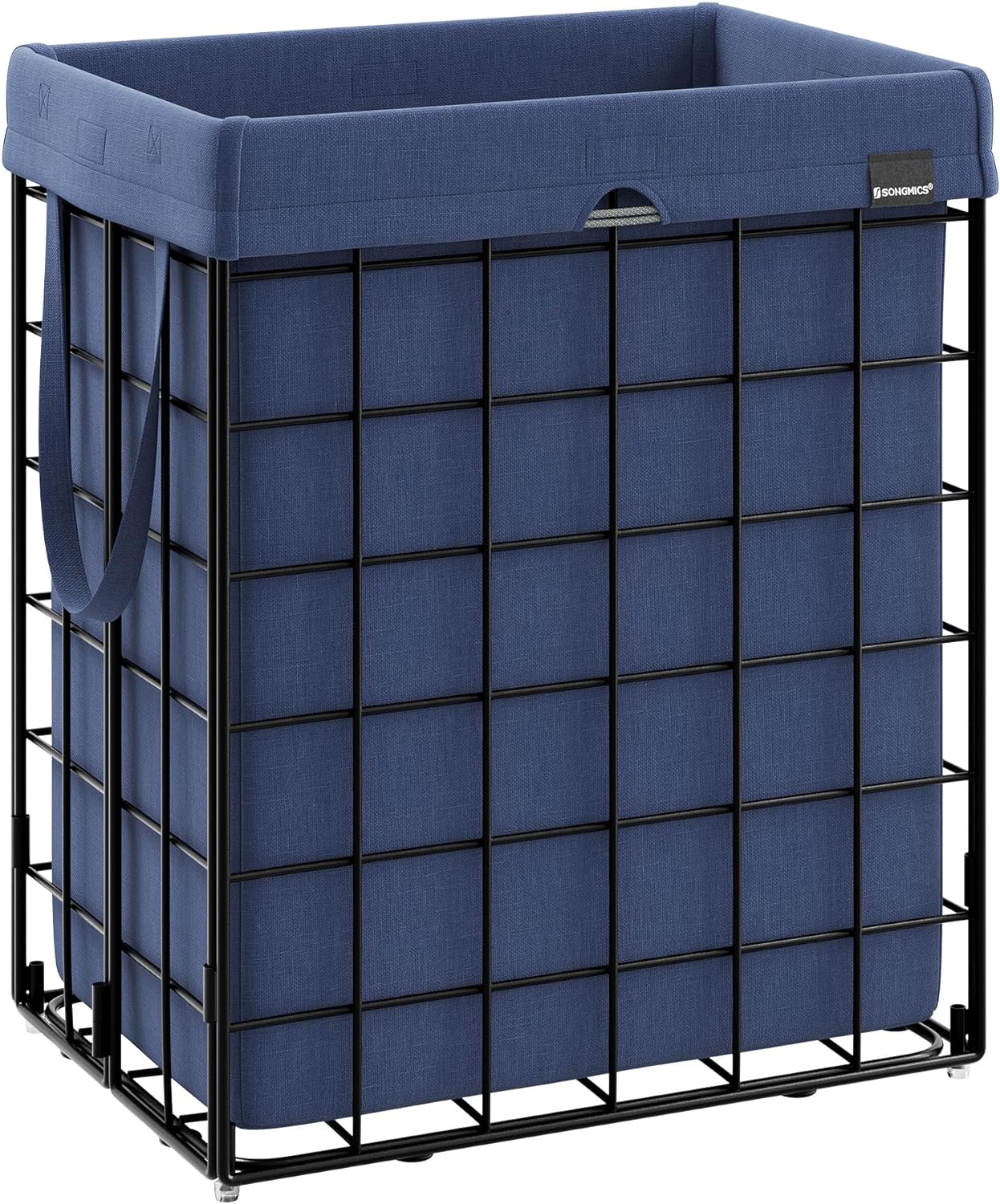 SONGMICS Laundry Hamper, 23.8 Gal. (90L) Laundry Basket, Collapsible Clothes Hamper, Removable and Washable Liner, Metal Wire Frame, for Bedroom Bathroom, Black and Charcoal Blue ULCB190Q01