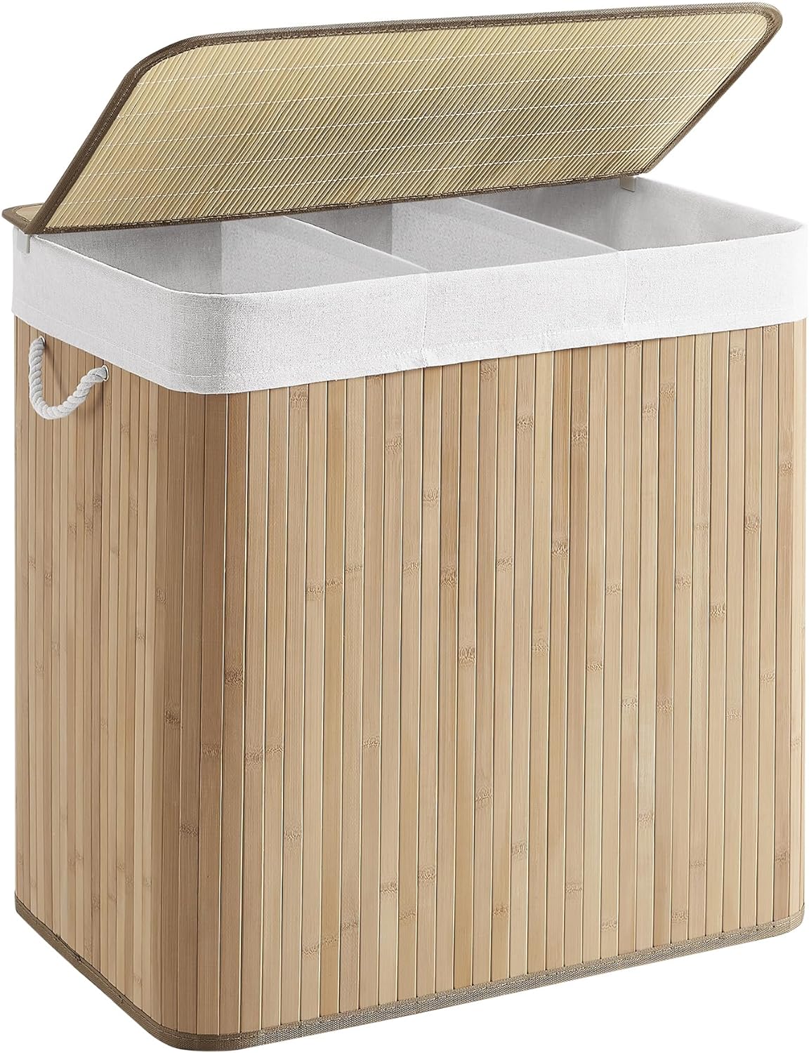 SONGMICS Laundry Hamper, 39.6 Gallons (150L), 3-Section Laundry Basket, Laundry Hamper with Lid, Bamboo, Foldable, Removable and Machine Washable Liner, for Laundry Room, Bedroom, Natural ULCB091N01