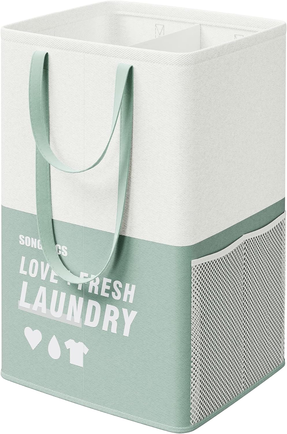 SONGMICS Laundry Basket, Laundry Hamper with 2 Compartments, Collapsible Water-Repellent Clothes Hamper, 23.8 Gallon (90L) Tall Laundry Bag for Bedroom Bathroom, Mint Green ULCB209C11