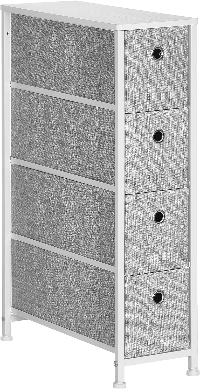 SONGMICS Narrow Dresser with 4 Fabric Drawers Vertical Slim Storage Tower Unit, 7.9, Light Gray