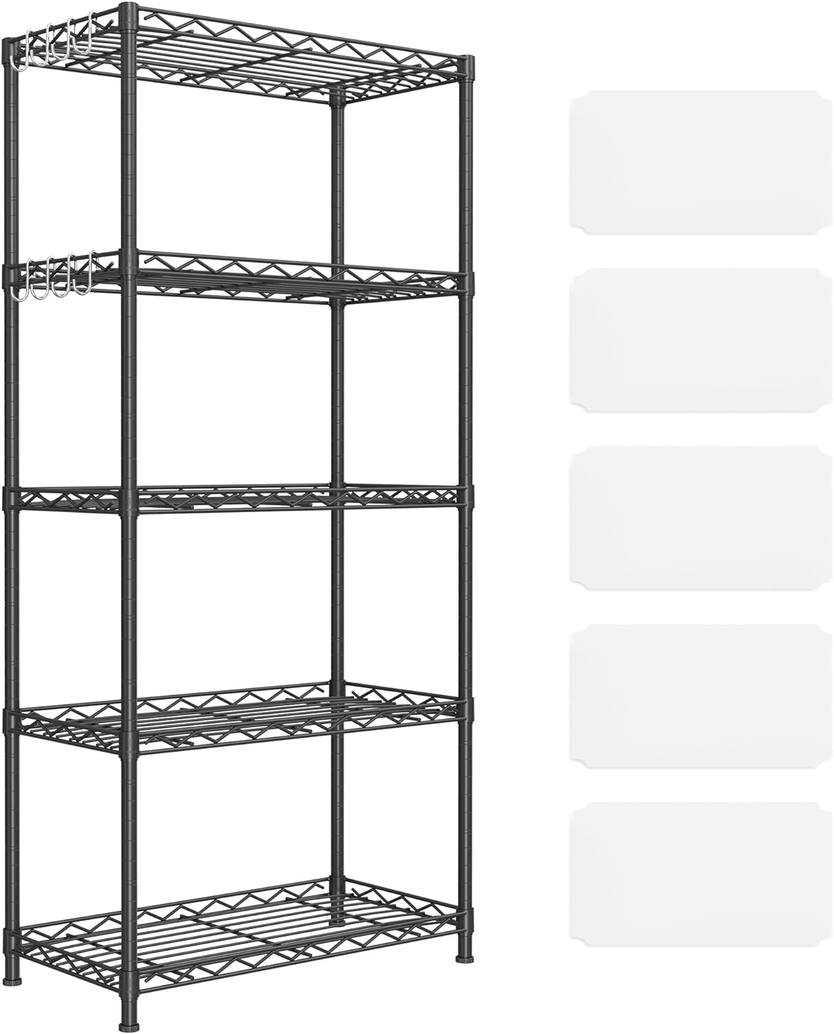 SONGMICS Kitchen Shelf, Metal Shelves, 5-Tier Wire Shelving Unit with 8 Hooks, Narrow Storage Rack with PP Shelf Liners, Height-Adjustable, for Bathroom, Pantry, Black ULGR065B01