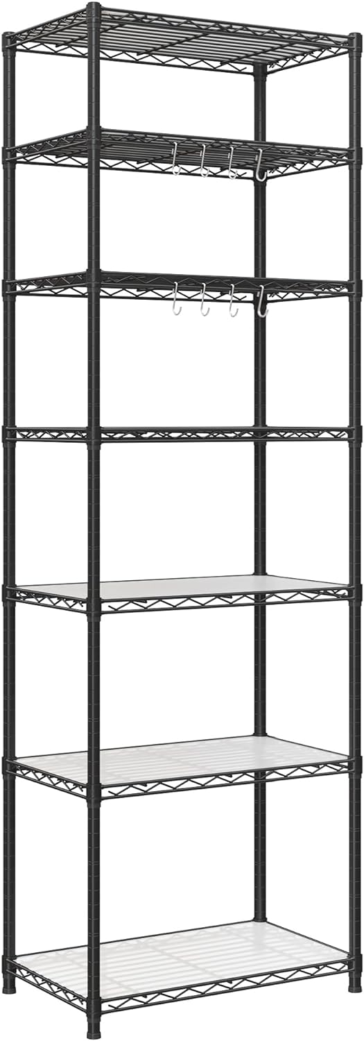 SONGMICS 7-Tier Metal Storage Shelves, Wire Shelving Unit, Adjustable Shelves, Garage Shelving, Kitchen, Living Room Storage Rack, Shelf Liners, 8 Hooks, Total Max. Load 616 lb, Black ULGR067B01