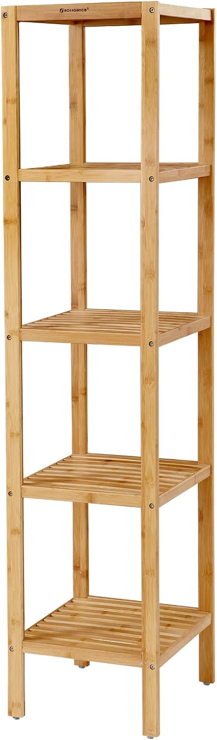 SONGMICS 5-Tier Bamboo Bathroom Shelf, Narrow Shelving Unit, Multifunctional Storage Rack, Corner Rack, for Kitchen, Living Room, Bedroom, Entryway, Bathroom, Natural UBCB55Y