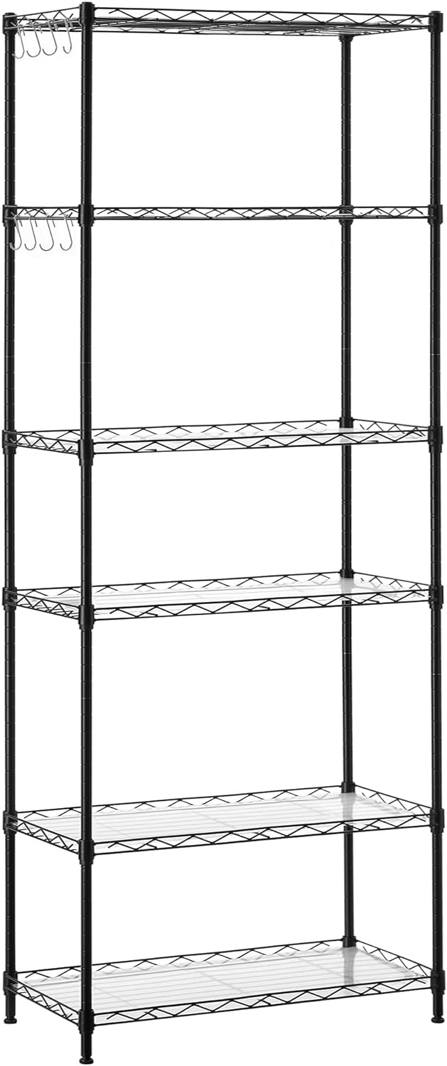 SONGMICS 6-Tier Metal Storage Shelves, Wire Shelving Unit, Adjustable Shelves, Garage Shelving, Kitchen, Living Room Storage Rack, Shelf Liners, 8 Hooks, Total Max. Load 264 lb, Black ULGR066B01