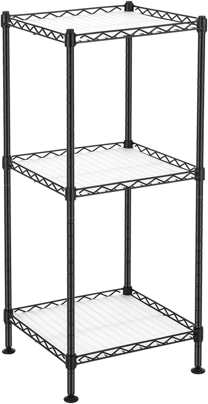 SONGMICS 3-Tier Bathroom Shelf, Wire Shelving Unit, Metal Storage Rack for Small Space, Total Load Capacity 132 lb, 11.8 x 11.8 x 28.7 Inches, with 3 PP Sheets, Adjustable Shelf, Black ULGR103B01