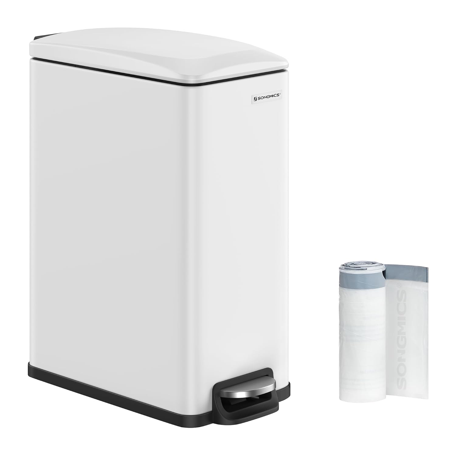 SONGMICS Slim Trash Can, 12.7 Gallon Garbage Can for Narrow Spaces with Soft-Close Lid, Inner Bucket, and Step-on Pedal, Stainless Steel, 15 Trash Bags Included, White ULTB510W48