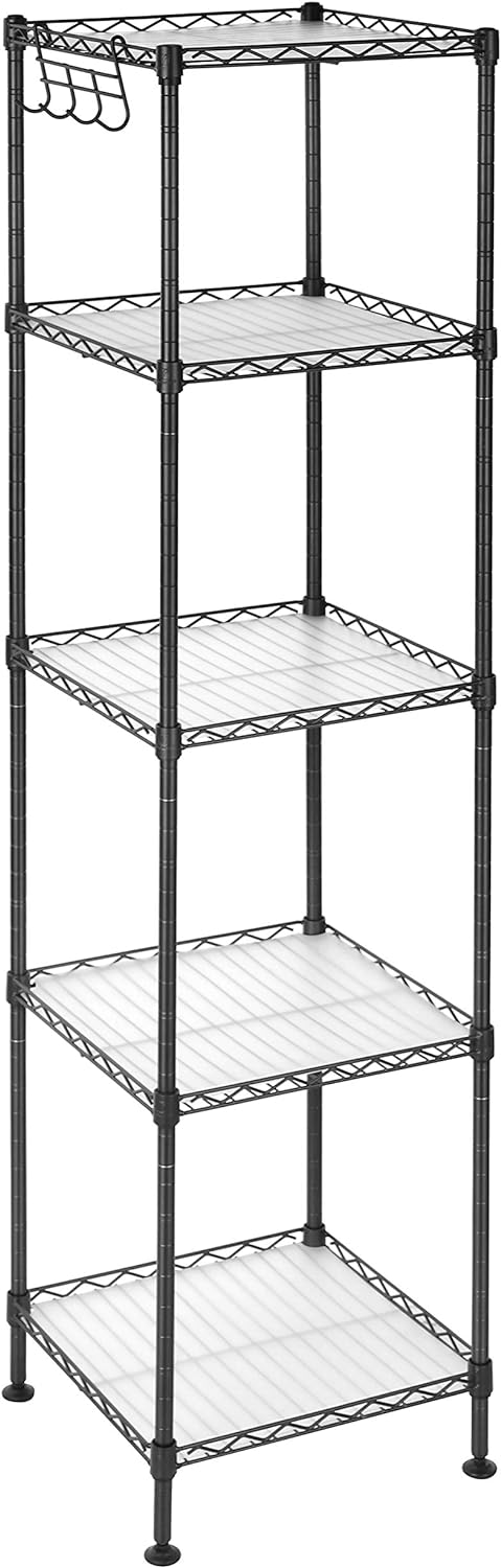 SONGMICS Bathroom Shelf, Storage Rack for Small Space, Total Load Capacity 220 lb, 11.8 x 11.8 x 48.6 Inches, with 5 PP Sheets, Removable Hooks, Extendable Design, Black and Translucent ULGR23BK