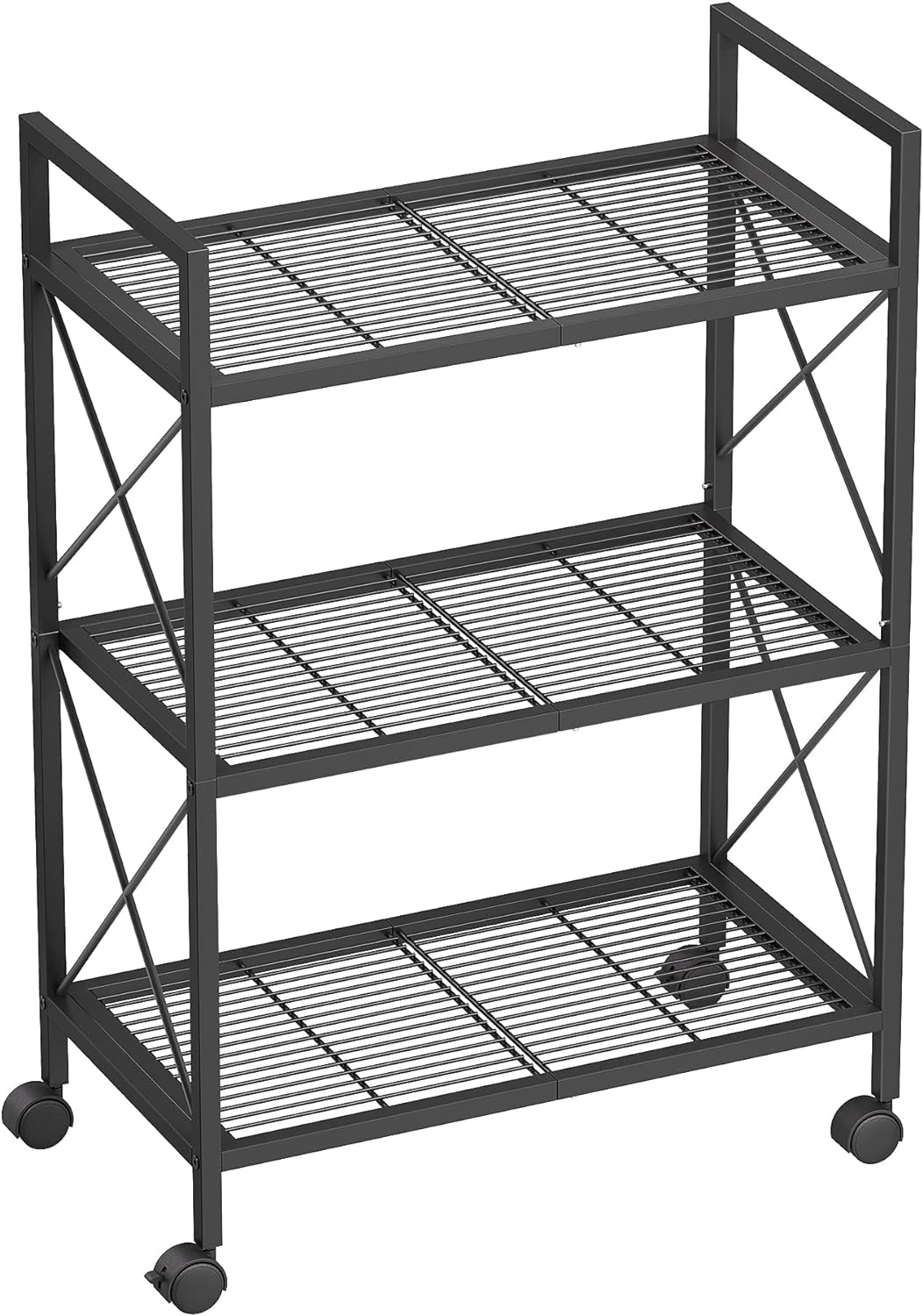 SONGMICS 3-Tier Metal Storage Rack with Wheels, Mesh Shelving Unit with X Side Frames, 23.6-Inch Width, for Entryway, Kitchen, Living Room, Bathroom, Industrial Style, Black UBSC163B01