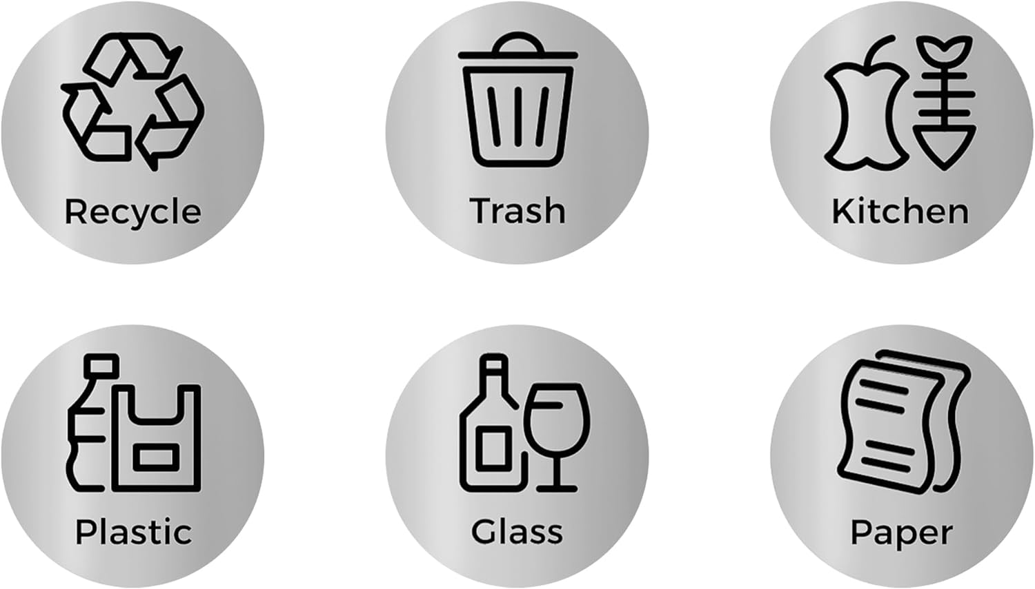 SONGMICS Trash and Recycle Stickers, 36 Recycling Stickers, 6 Pieces Each of The Labels - Recycle, Trash, Kitchen, Plastic, Glass, and Paper, Sign Decals for Trash Cans, Walls, Silver ULTB002E01