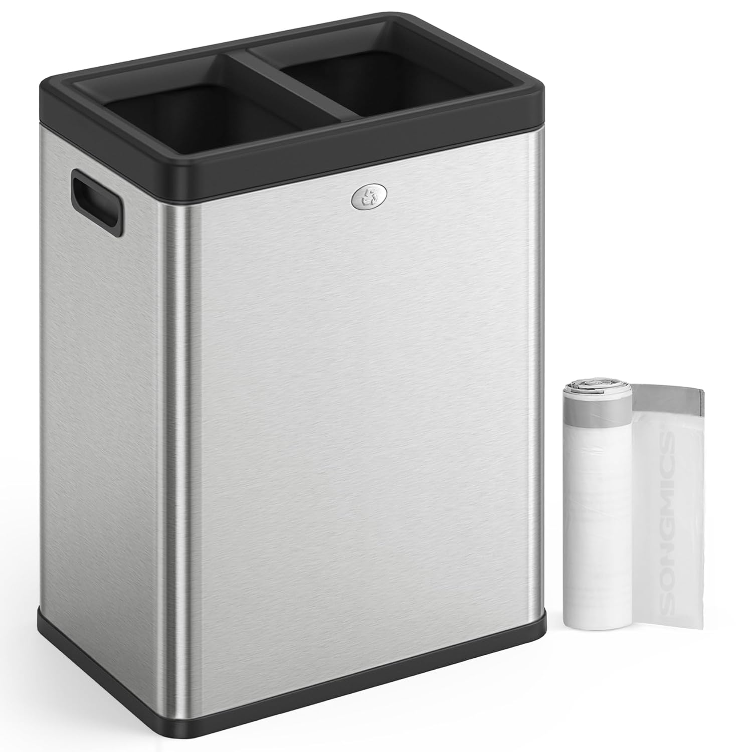 SONGMICS 2 x 6.6 Gallon Open Top Trash Can, Dual Compartment Garbage Can for Waste and Recycling, Stainless Steel, Trash Bin for Office, Restaurant, Commercial Use, Silver ULTB710E50