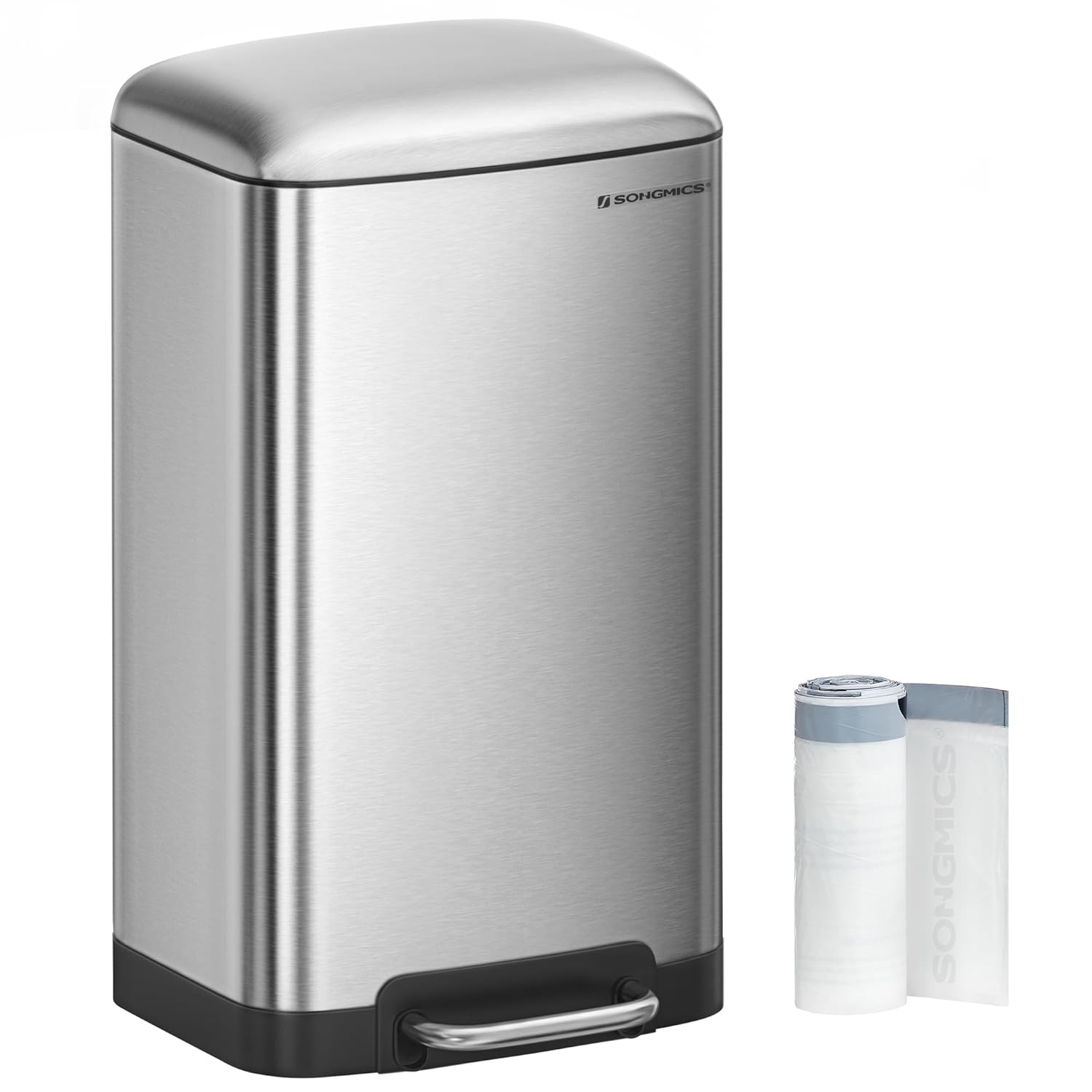 SONGMICS Trash Can, 8 Gallon (30L) Trash Bin with Lid and Inner Bucket, Stainless Steel Garbage Can, Soft Close, Silver ULTB01L