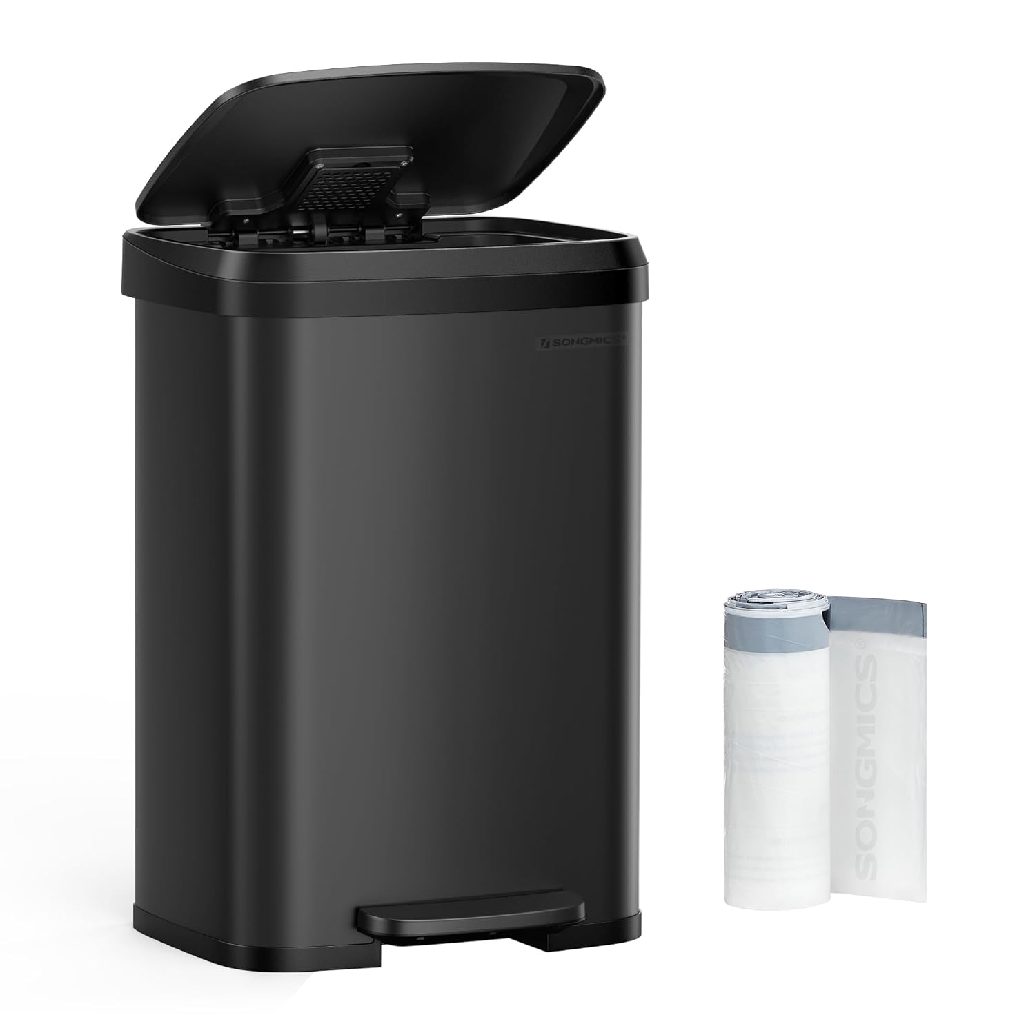 SONGMICS Kitchen Trash Can, 13-Gallon Stainless Steel Garbage Can, with Stay-Open Lid and Step-on Pedal, Soft Closure, Tall, Large and Space-Saving, Black ULTB530B50