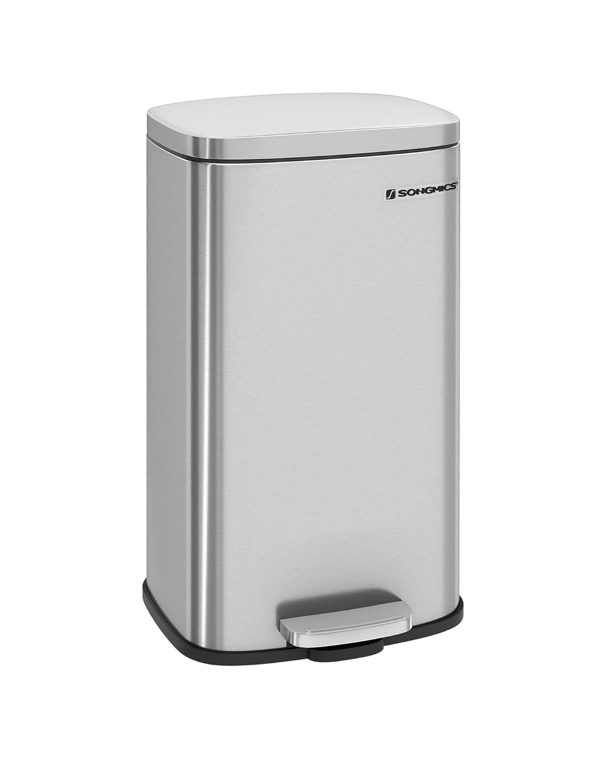 SONGMICS 8-Gallon Trash Can, Stainless Steel, with Hinged Lid, Plastic Inner Bucket, Soft Closure, Odor Proof, Hygienic, Silver