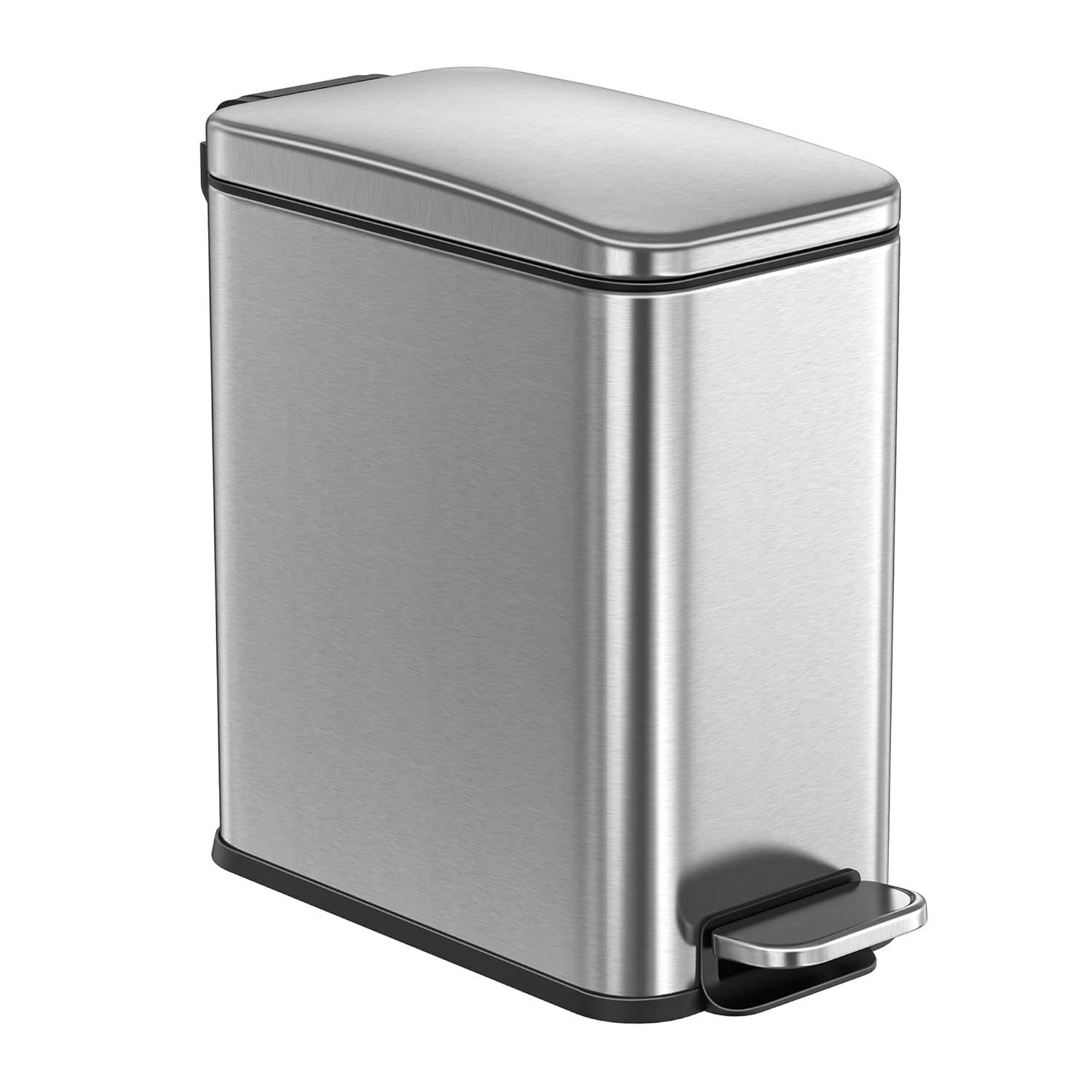 SONGMICS Bathroom Trash Can, 1.3 Gallon Small Trash Bin with Lid, Slim for Small Spaces, Stainless Steel Garbage Can, Soft Close, Silver ULTB560E05