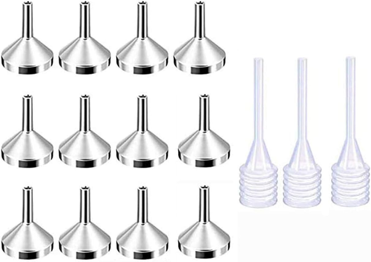 12 Pcs 1.5 Inch x 1 Inch Small Metal Funners with 3 Pcs 2.6 Inch Pipette for Filling Bottle and Containers, Oil and Liquid Tranfer (Silver Funnels 12pcs +3pcs Mini Pipette)