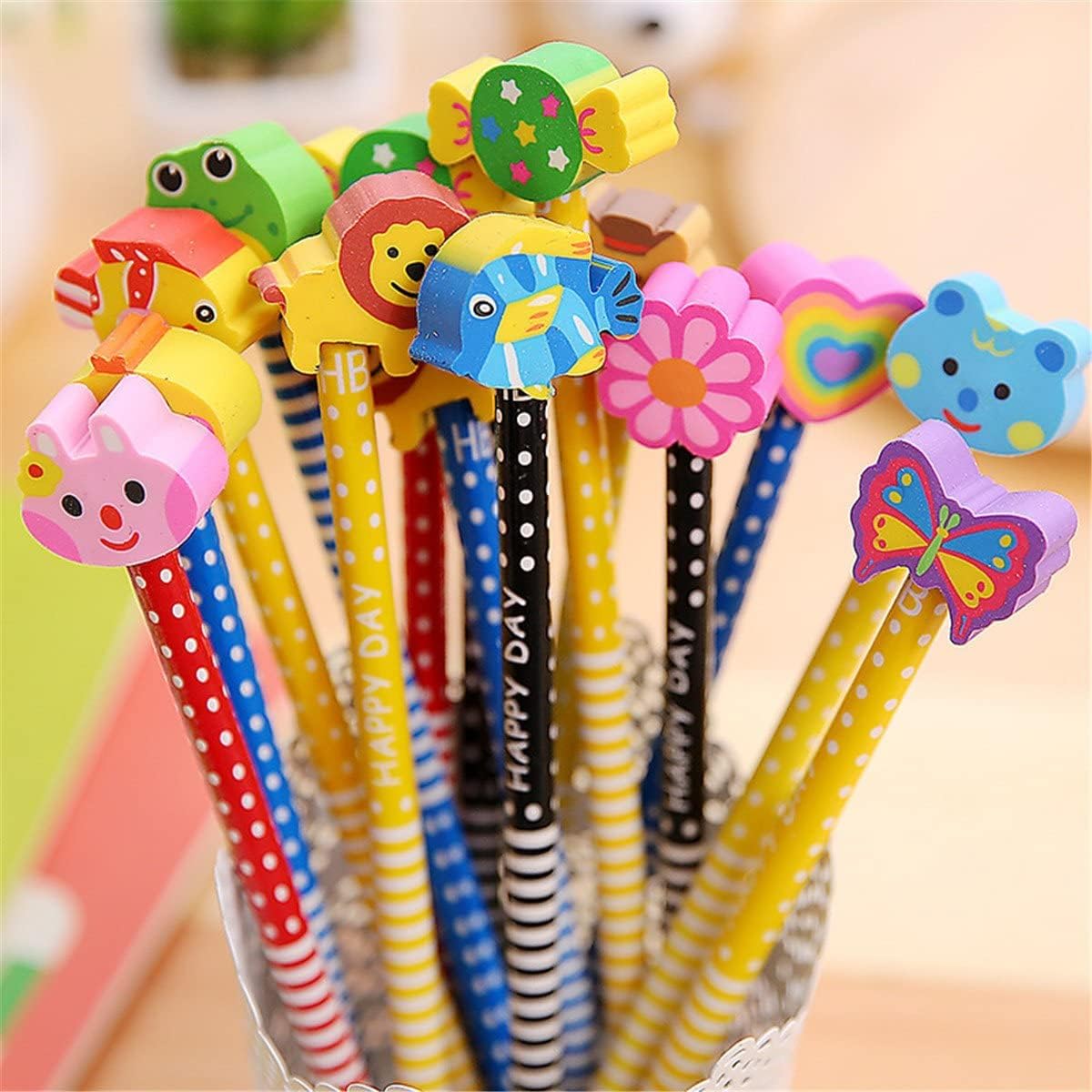 Yansanido Pack of 120 Colorful 7.28 Inch Length Random Cartoon Eraser Pencils, Cute Pencils for Office, School Supplies Students Children Gift (120)