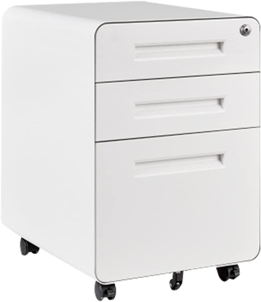 FLEXISPOT Metal File Cabinet for Under Desk Storage Mobile 3 Drawer File Cabinet Round Corner Design Filing Cabinets for Home Office,White