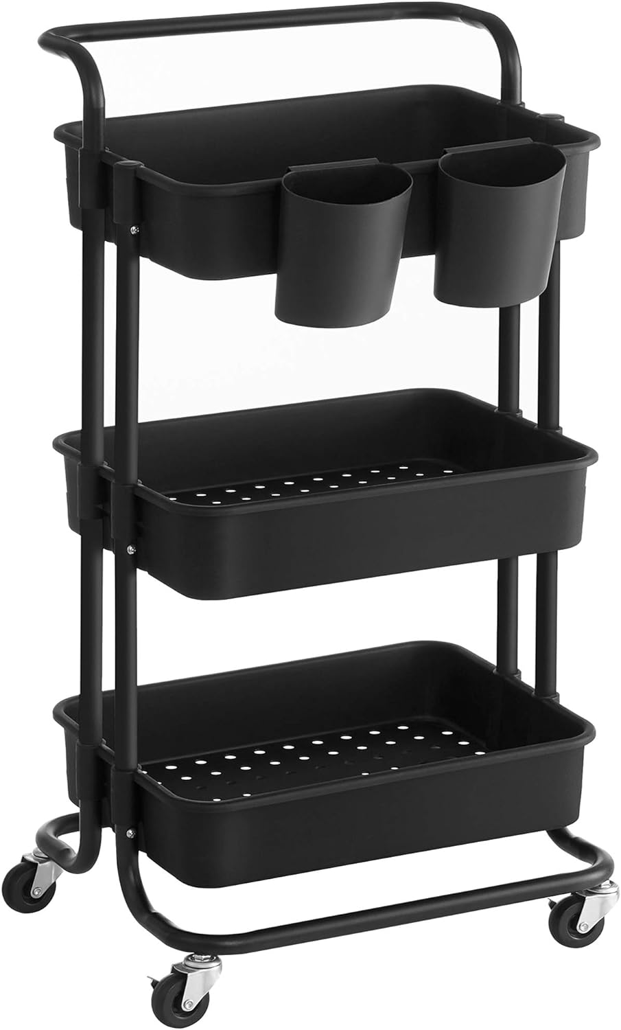 SONGMICS Rolling Cart, 3-Tier Storage Cart, Storage Trolley with Handle 2 Small Organizers, Steel Frame, Plastic Baskets, Utility Cart, Easy Assembly, for Bathroom Laundry Room, Black UBSC067B01