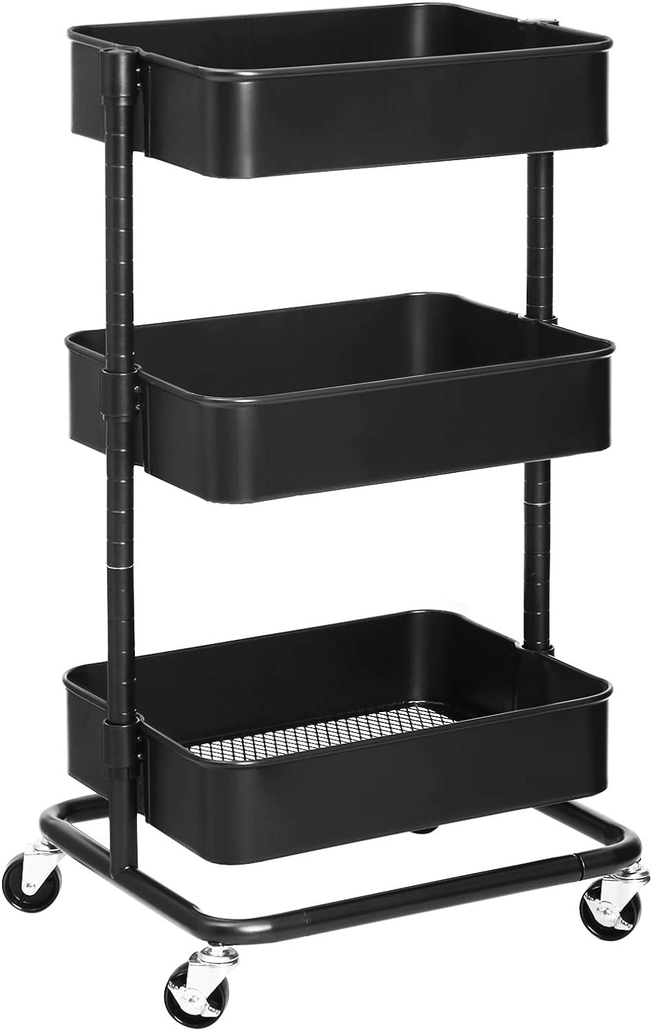 SONGMICS 3-Tier Metal Rolling Cart, Utility Cart, Kitchen Cart with Adjustable Shelves, Storage Trolley with 2 Brakes, Easy Assembly, for Kitchen, Office, Bathroom, Black UBSC60B