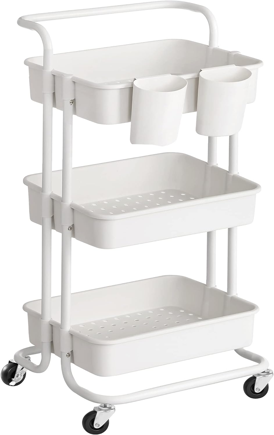 SONGMICS Rolling Cart, 3-Tier Storage Cart, Storage Trolley with Handle 2 Small Organizers, Steel Frame, Plastic Baskets, Utility Cart, Easy Assembly, for Bathroom Laundry Room, White UBSC067W01