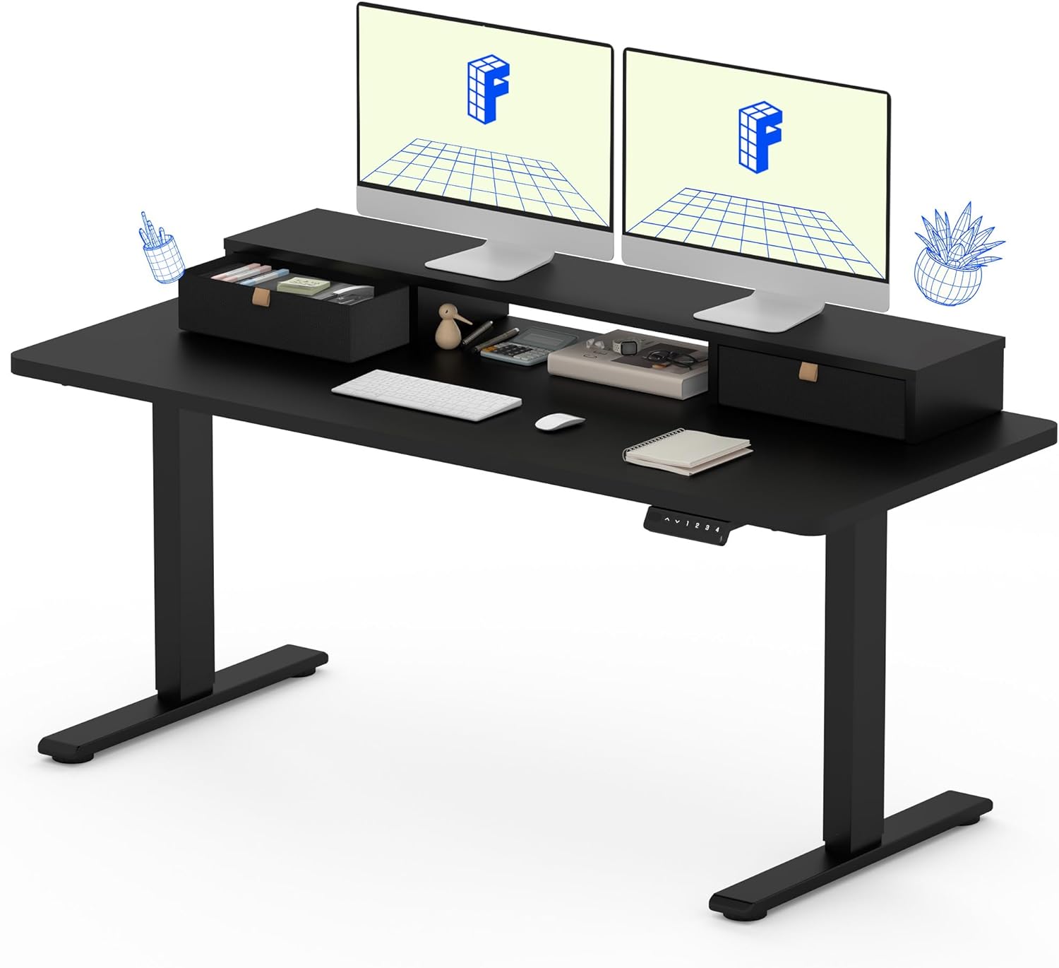 FLEXISPOT Electric Standing Desk with Drawer, Solid One-Piece Adjustable Height Desk with Storage Shelf, Ergonomic Monitor Stand for Computer Laptop (Black Frame/Black Top, 55 inch)