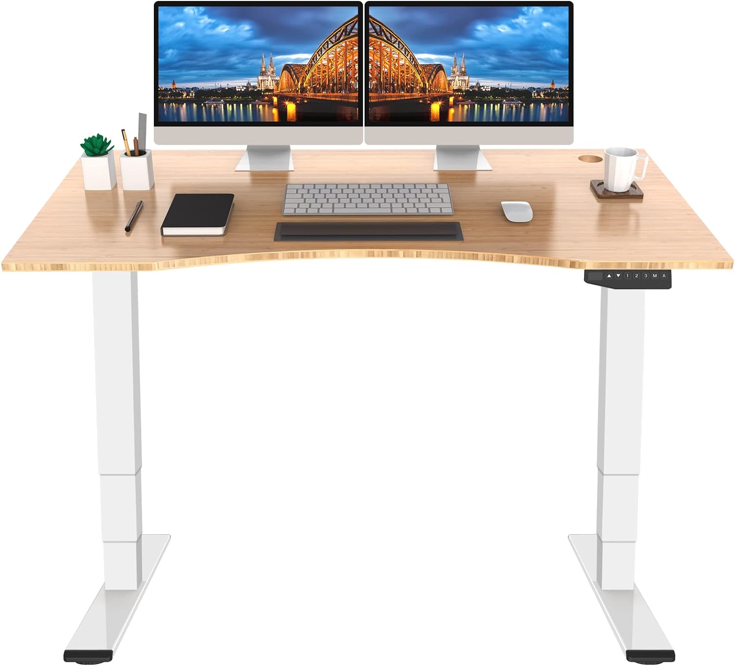 FLEXISPOT Pro Bamboo 3 Stages Dual Motor Electric Standing Desk 55x28 Inch Bamboo Contour Whole-Piece Board Height Adjustable Desk Electric Stand Up Desk (White Frame + Bamboo Curved Desktop)