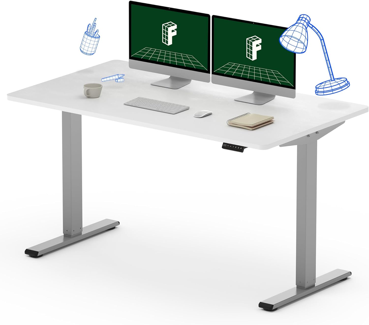 FLEXISPOT EN1 Electric Height Adjustable Desk 55 x 28 Inches Whole-Piece Desktop Standing Desk Home Office Sit Stand Up Desk (Gray Frame + 55 White Top, 2 Packages)