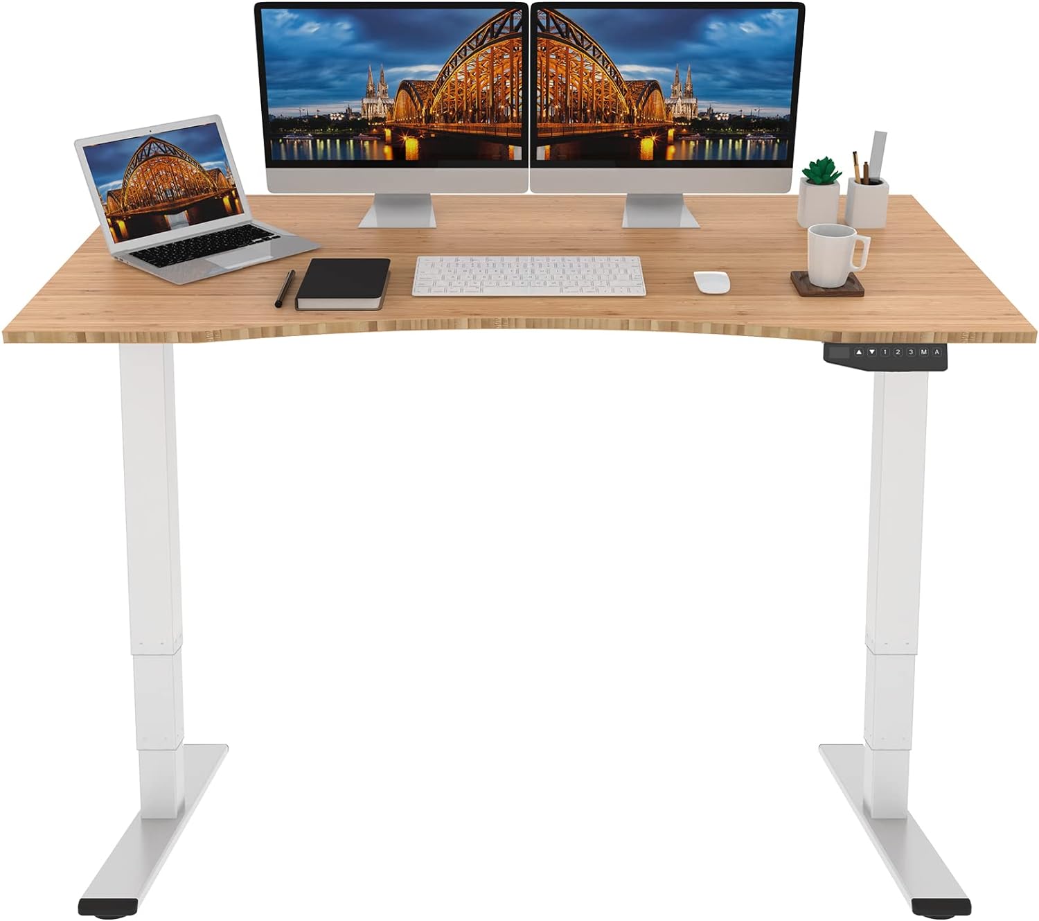 FLEXISPOT Pro Bamboo 3 Stages Dual Motor 60x30 Inch Electric Standing Desk Bamboo Contour Whole-Piece Board Height Adjustable Desk Electric Stand Up Desk (White Frame + Bamboo Curved Desktop)