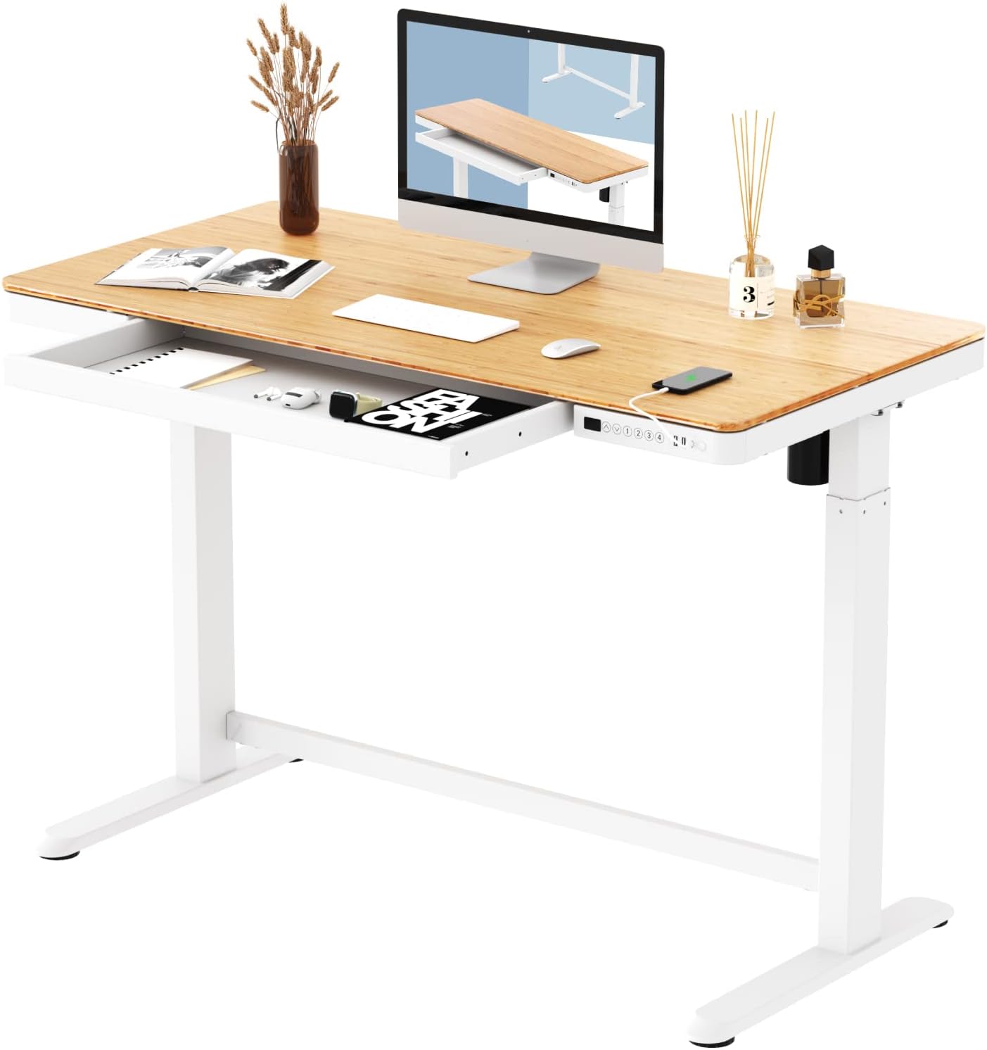 FLEXISPOT Comhar Electric Standing Desk with Drawer Desktop & Adjustable Frame Quick Install w/USB Charge Ports, Child Lock (Bamboo/White, Wood), Modern, 48 inch