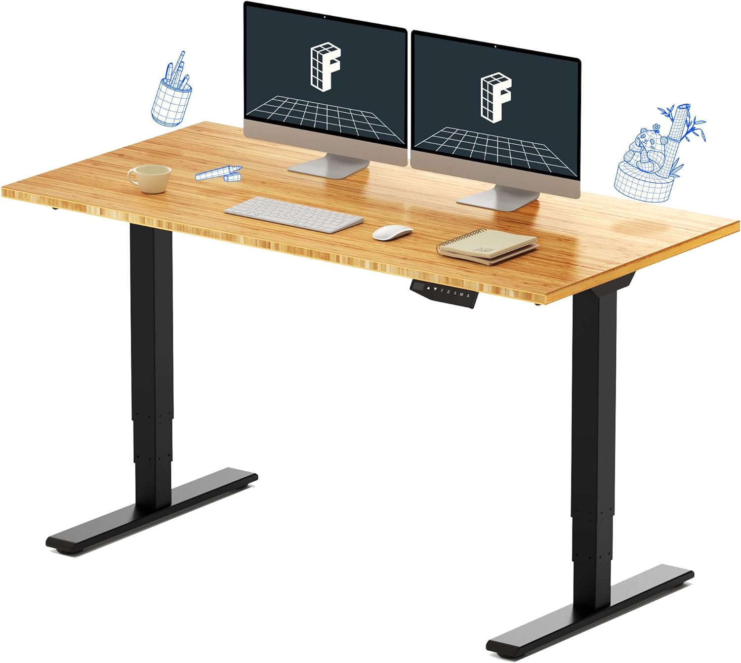 FLEXISPOT Pro Bamboo 3 Stages Dual Motor Electric Standing Desk 55x28 Inches Whole-Piece Desk Board Height Adjustable Desk Electric Stand Up Desk (Black Frame   Bamboo Desktop)