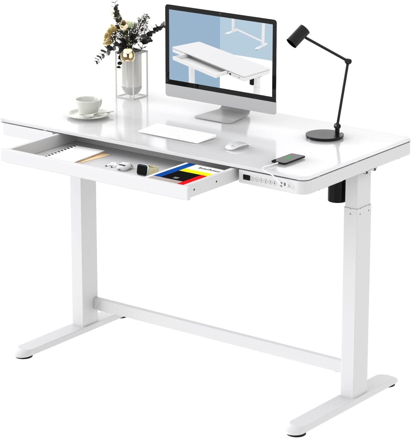 FLEXISPOT Electric Glass Standing Desk with Drawer Desktop & Adjustable Frame Quick Install w/USB Charge Ports, Child Lock (White, Glass)