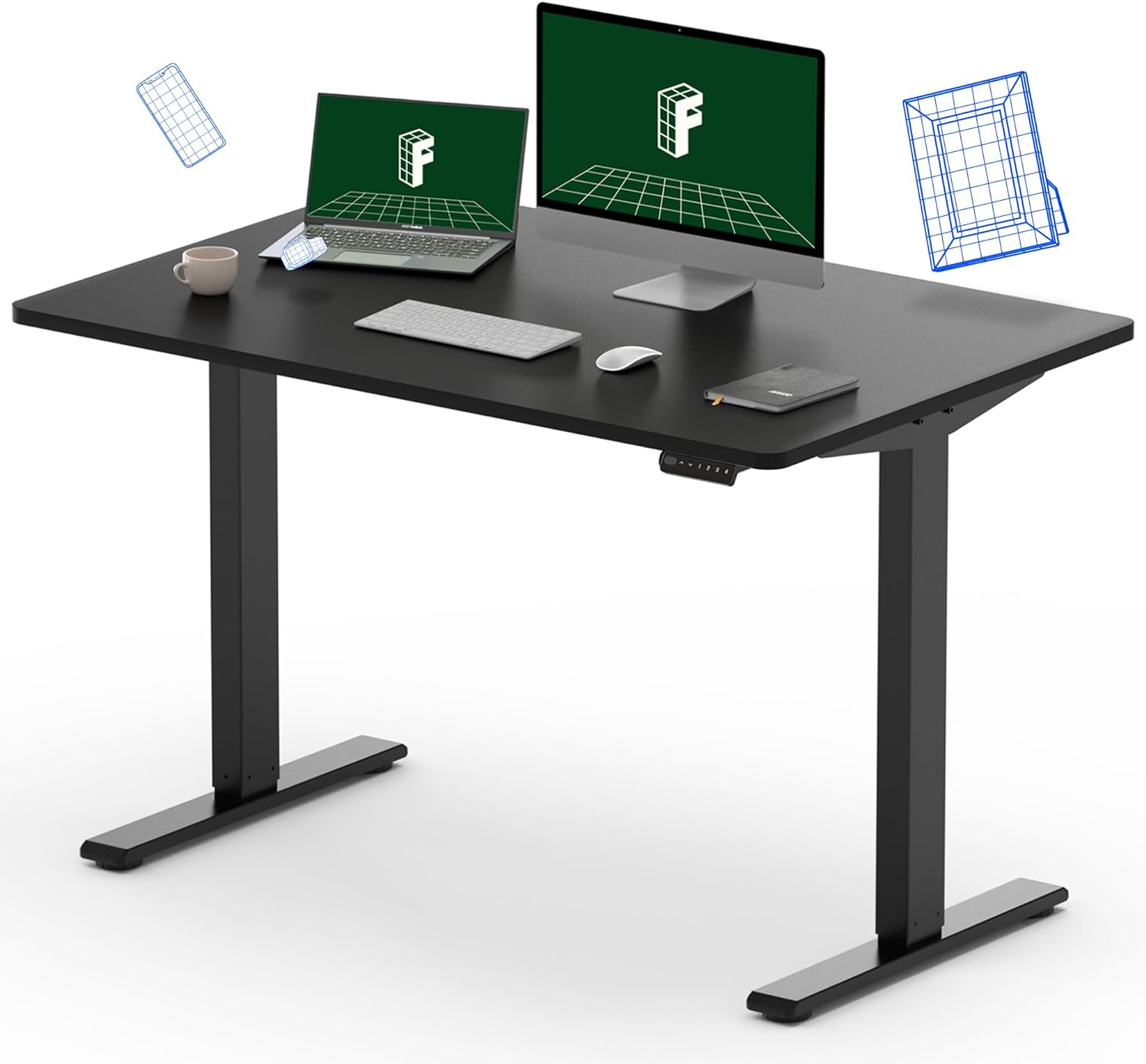 FLEXISPOT EN1 Standing Desk 48x30 Inches Whole-Piece Desktop with Memory Controller Electric Stand Up Desk (Black Frame + Black Top, 2 Packages)