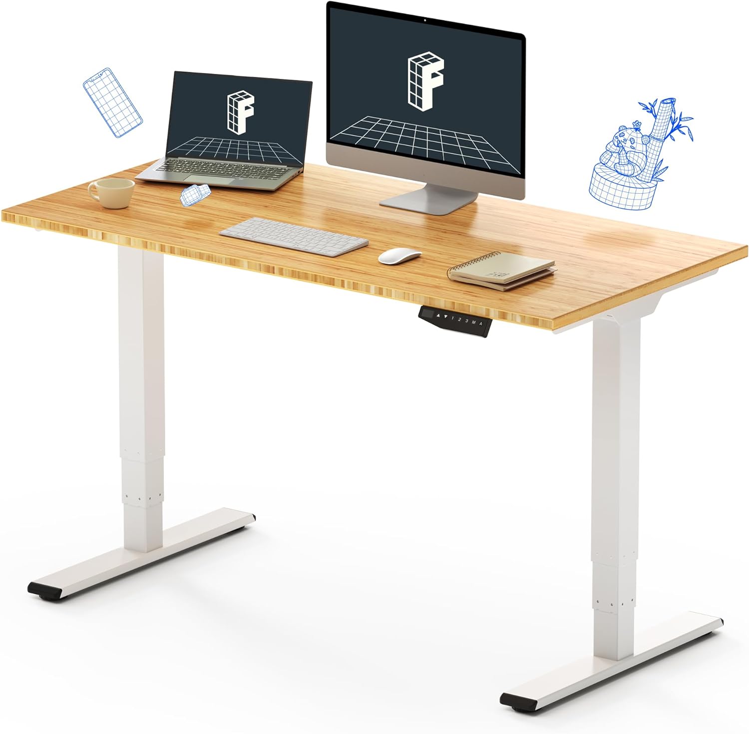 FLEXISPOT Pro Bamboo 3 Stages Dual Motor Electric Standing Desk 48x24 Inches Whole-Piece Desk Board Height Adjustable Desk Electric Stand Up Desk Sit Stand Desk(White Frame + Bamboo Desktop)