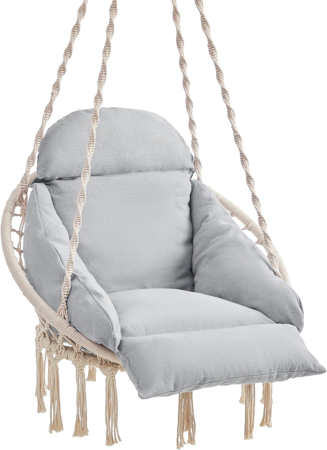 SONGMICS Hanging Chair, Hammock Chair with Large, Thick Cushion, Boho Swing Chair for Bedroom, Patio, Balcony, Garden, Living Room, Holds up to 264 lb, Cloud White and Gray UGDC042G01