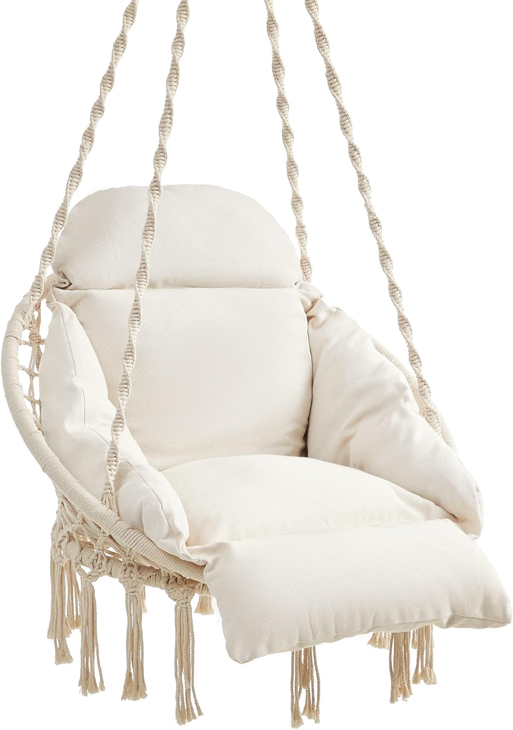 SONGMICS Hanging Chair, Hammock Chair with Large, Thick Cushion, Boho Swing Chair for Bedroom, Patio, Balcony, Garden, Living Room, Holds up to 264 lb, Cloud White UGDC042M01