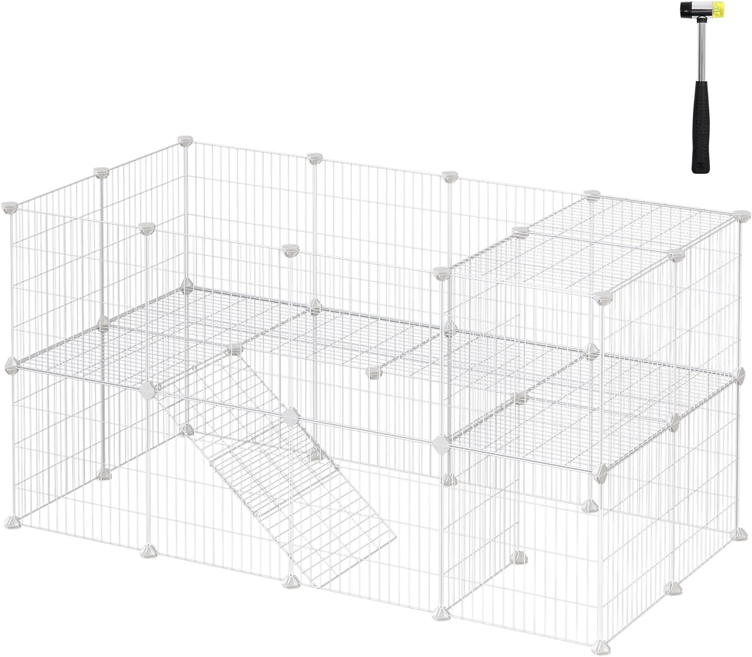 SONGMICS Pet Playpen, Small Animal Playpen, Rabbit Guinea Pig Cage, Zip Ties Included, Metal Wire Apartment-Style Two-Story Pet Premium Villa for Bunnies Puppies, Indoor Use, White ULPI02W