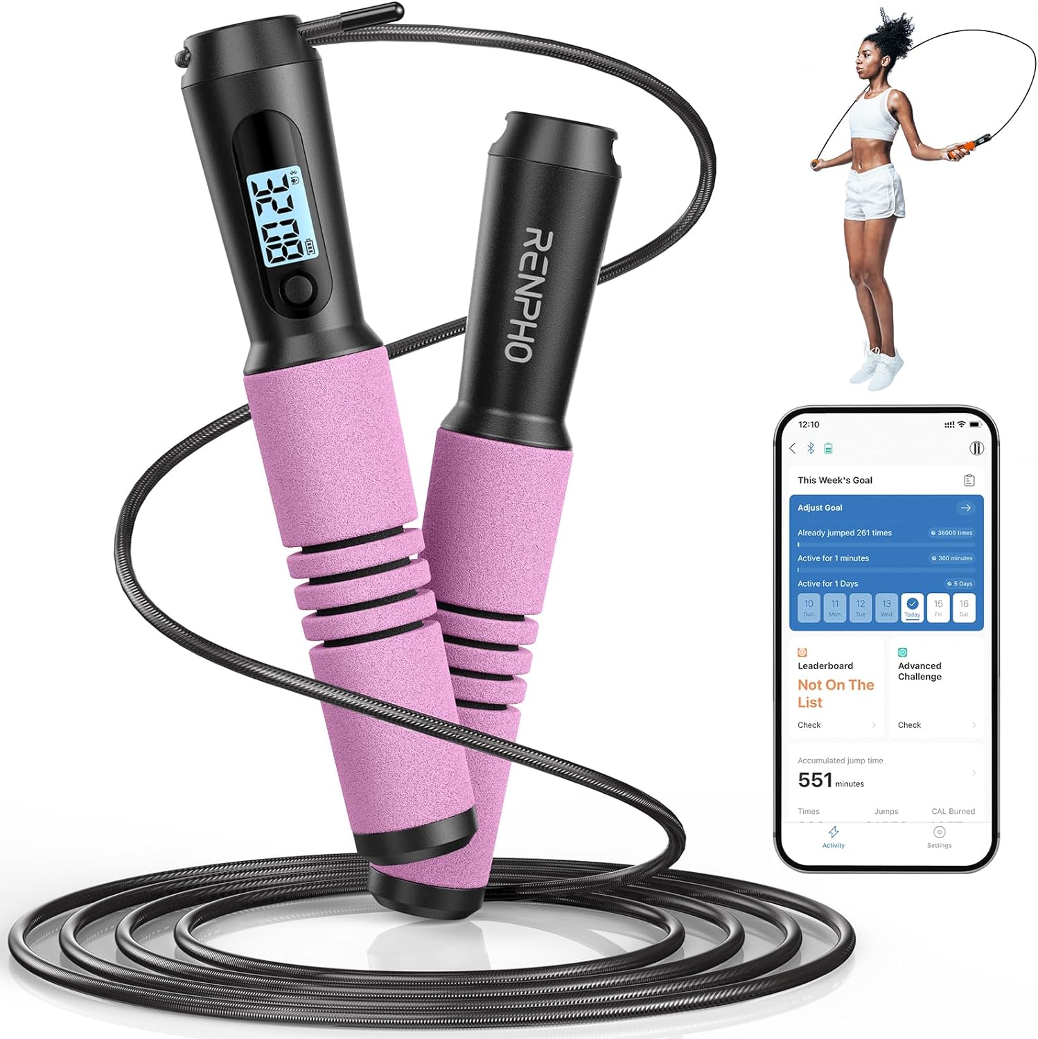 RENPHO Smart Jump Rope, Fitness Skipping Rope with APP Data Analysis, Workout Jump Ropes for Home Gym, Crossfit, Jumping Rope Counter for Exercise for Men, Women