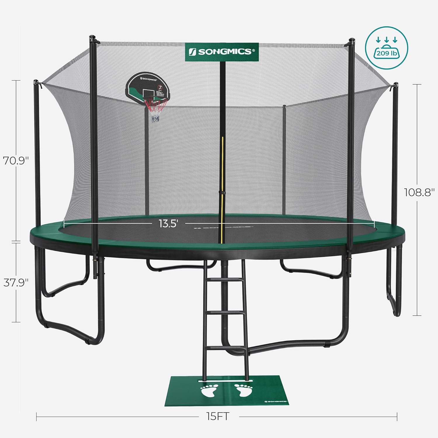 SONGMICS Trampoline, 15 ft Outdoor Trampoline for Kids Adults with Basketball Hoop, Safety Enclosure, Inner Net, Ladder, Spring Cover Pad, Max. Load 209 lb, Green and Black USTR154C01