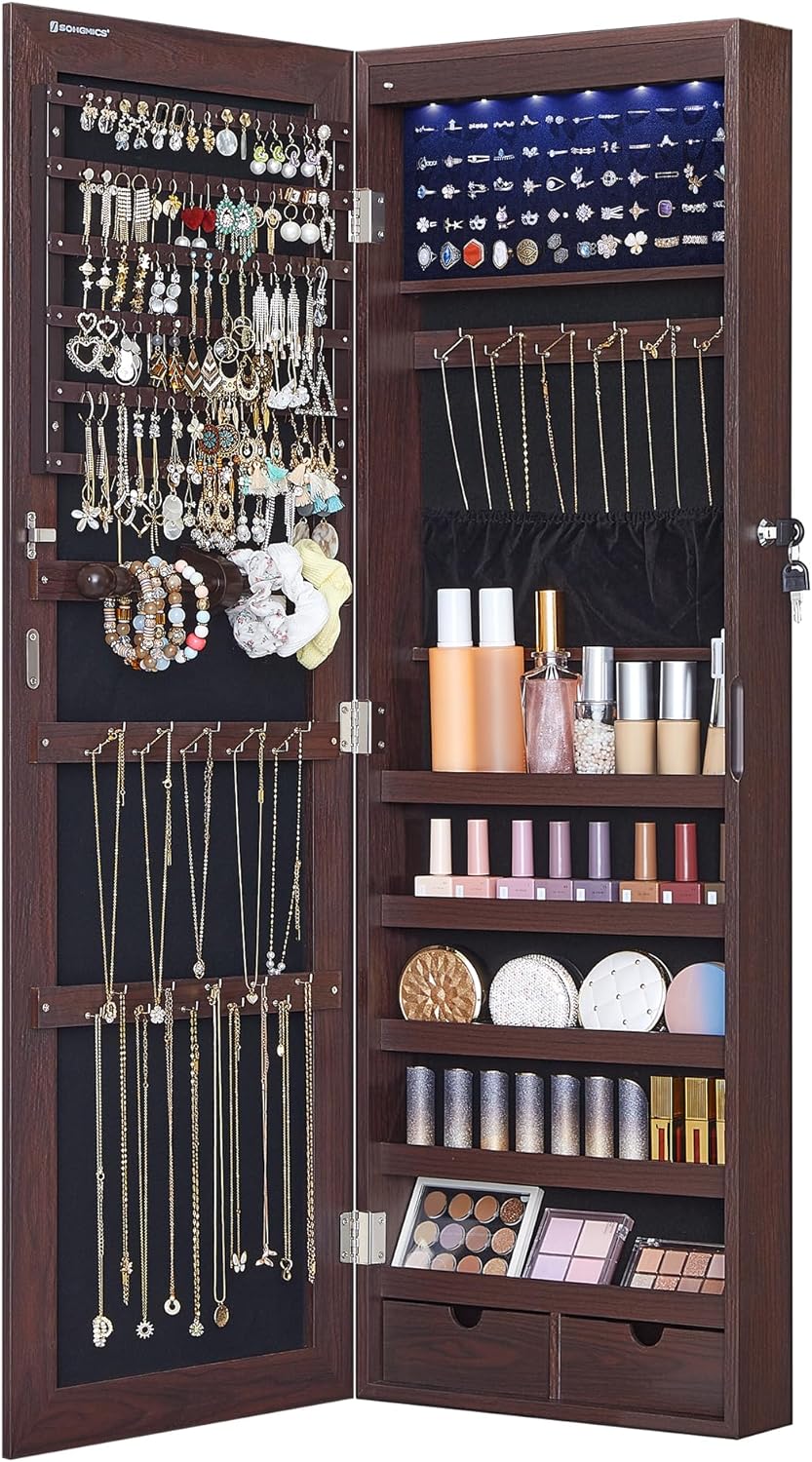 SONGMICS Hanging Jewelry Cabinet, Wall-Mounted Cabinet with LED Interior Lights, Door-Mounted Jewelry Organizer, Full-Length Mirror, Gift Idea, Brown UJJC99BR