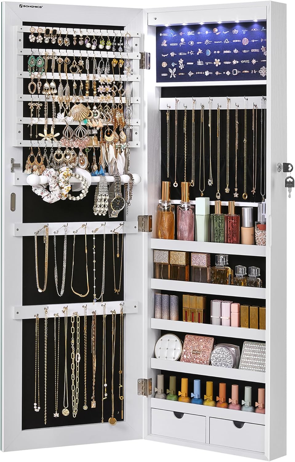 SONGMICS Hanging Jewelry Cabinet, Wall-Mounted Cabinet with LED Interior Lights, Door-Mounted Jewelry Organizer, Full-Length Mirror, Gift Idea, White UJJC99WT