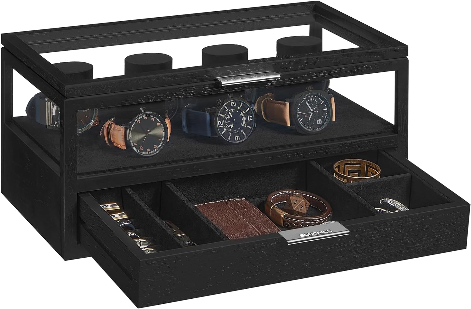 SONGMICS 2-Tier Wooden Watch Case, Watch Display Box, Watch Holder with 7 Pillars, Drawer, Acrylic, Solid Wood Top and Veneer, Velvet Lining, Gift for Loved Ones, Classic Black UJOW007B01