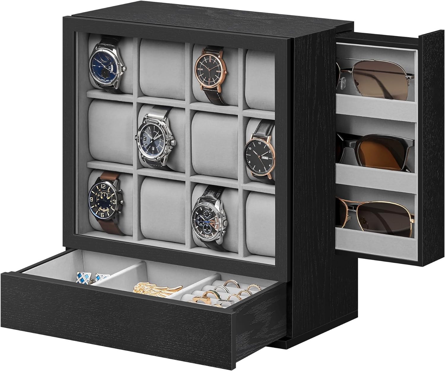 SONGMICS 12-Slot Wooden Watch Box, Watch Display Case with Window, Watch Display Cabinet with Solid Wood Veneer, Velvet Lining, Vertical Storage, Space Saving, Gift Idea, Ebony Black UJOW014B01