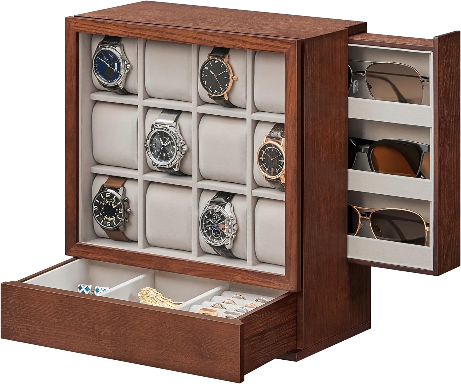 SONGMICS 12-Slot Wooden Watch Box, Watch Display Case with Window, Watch Display Cabinet with Solid Wood Veneer, Velvet Lining, Vertical Storage, Space Saving, Gift Idea, Coffee Brown UJOW014K01