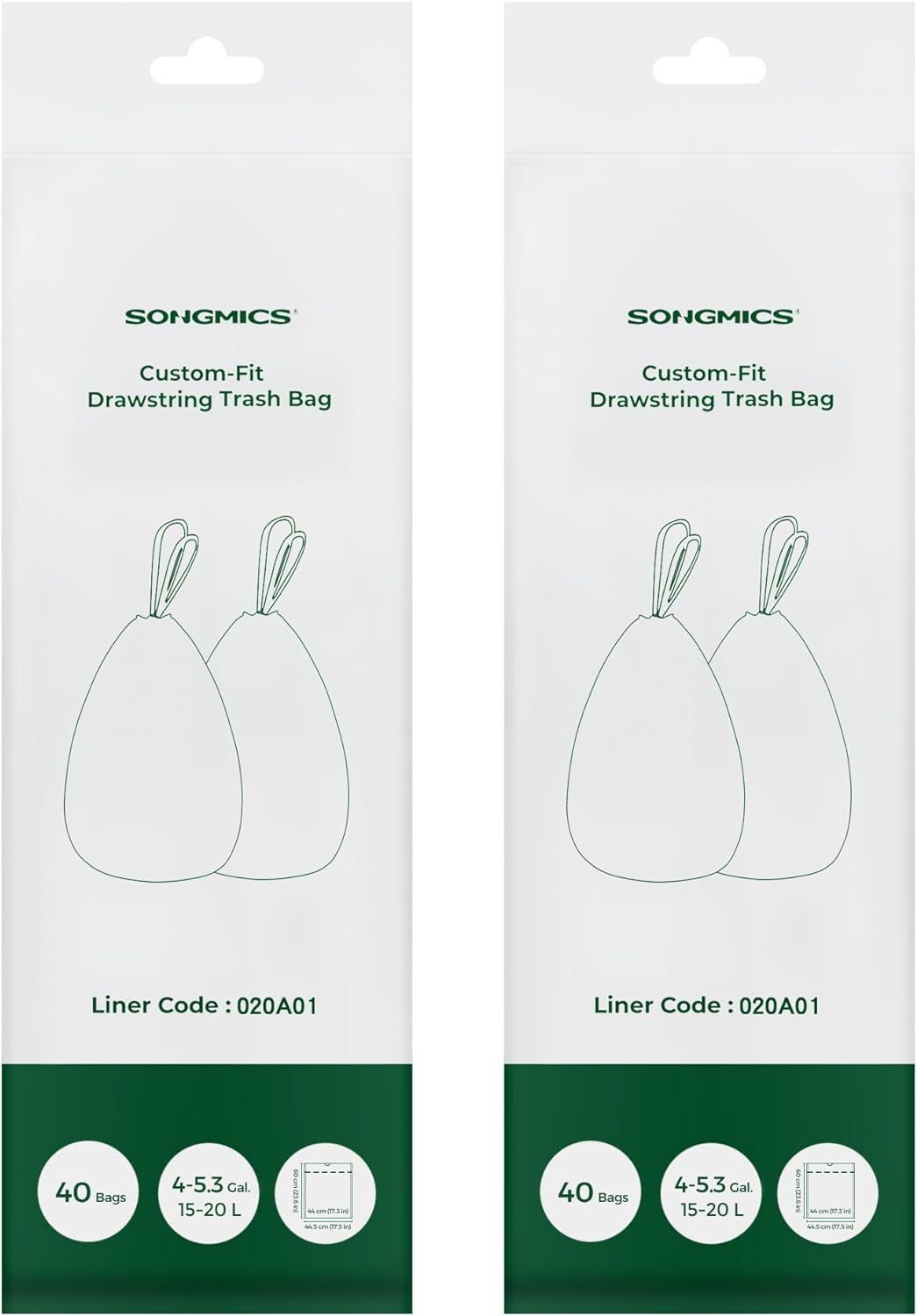 SONGMICS Trash Bags for 4-5.3 Gallon (15-20L) Trash Cans, Drawstring Kitchen Garbage Bags, Pre-Separated, Liner Code 020A01, 2 Rolls, 80 Count, White UKRB020A02