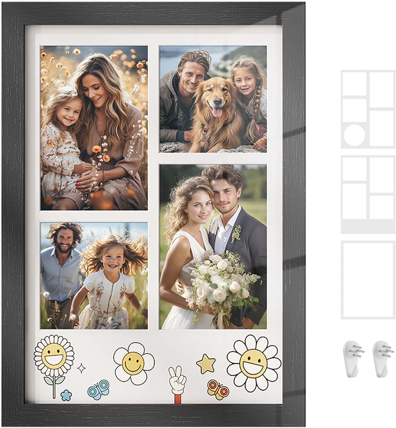 SONGMICS A4 Picture Frame Collage for Wall Decor, 4x6 Multi Photo Frame for Desk, 8x10, 8x12 or 4x4 Photos with 3 Mats, 9x12 Without Mat, Glass Front, 2 Non-Trace Nails, Ash Black