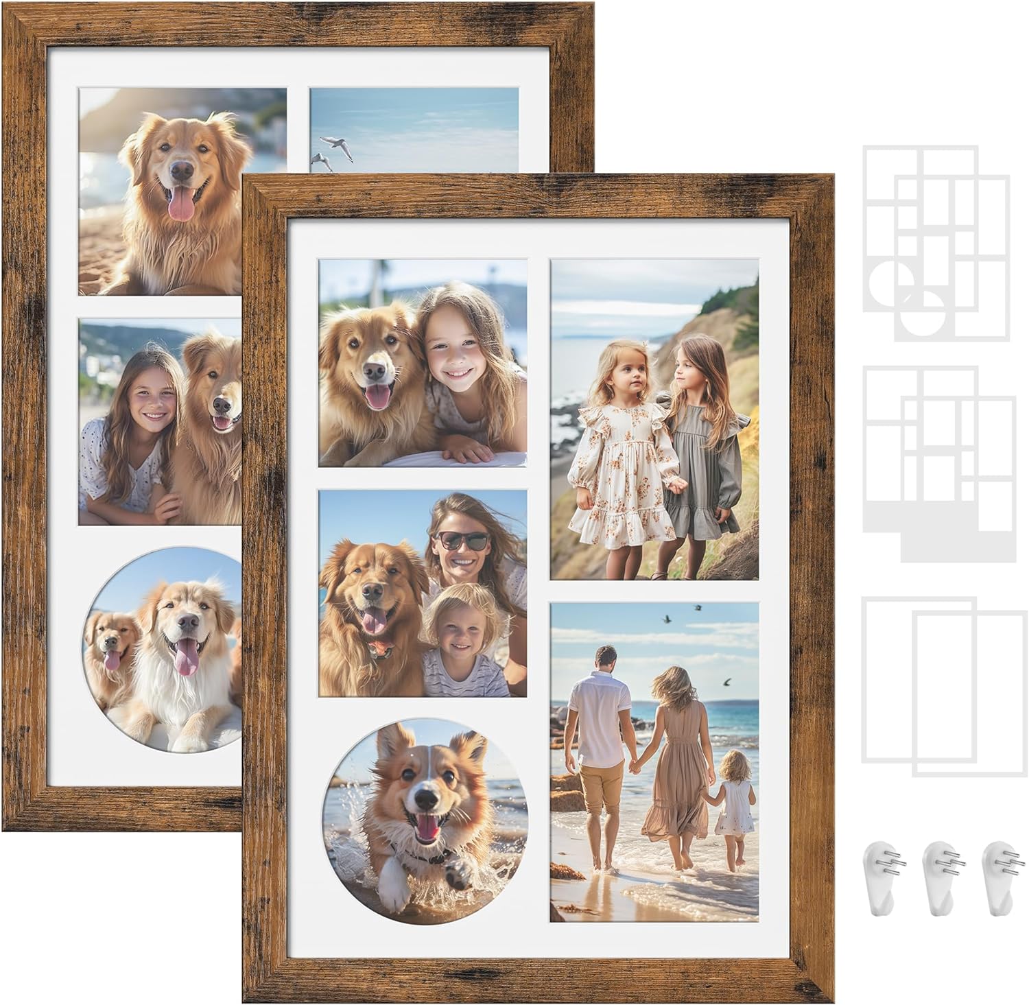 SONGMICS A4 Picture Frame Collage for Wall Decor, Set of 2, 4x6 Multi Photo Frame for Desk, 8x10, 8x12 or 4x4 Photos with 6 Mats, 9x12 Without Mat, Glass Front, 3 Non-Trace Nails, Rustic Brown