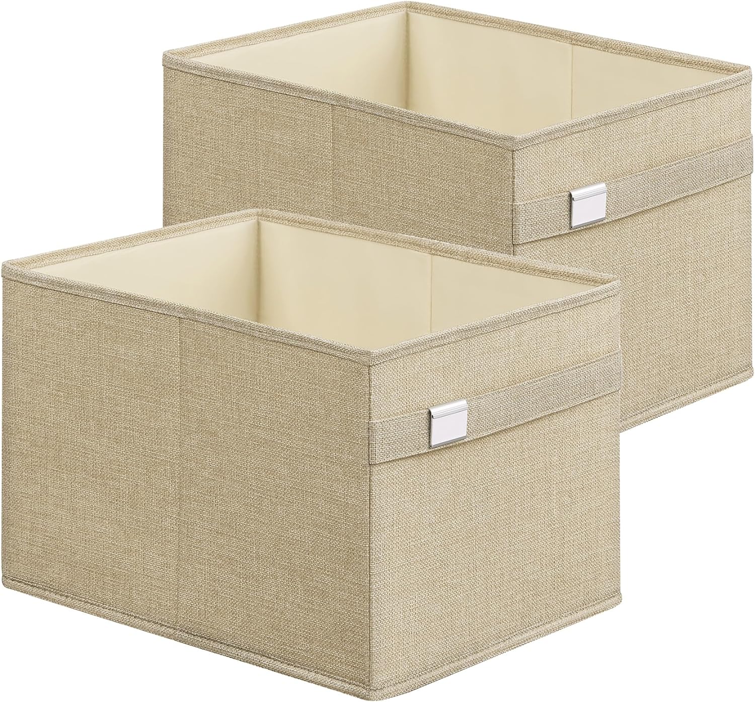 SONGMICS Storage Baskets, Set of 2 Storage Bins, 2 Handles, 15.7 x 11.8 x 9.8 Inches, Oxford Fabric and Linen-Look Fabric, Washable, Foldable, Metal Label Holders, Sand Beige UROB240Y02